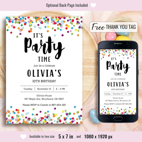 Confetti Party Invitation, It's Party Time, Colorful Invite, Simple Birthday Invitations, Editable Printable Template, instant Download