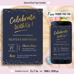 Simple Party Invite, Minimalist Birthday Invitation, Adult and Teen Invitation, Black Gold Invitations, Digital, Editable Template