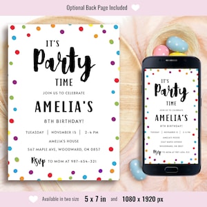 May include: A colorful birthday party invitation with confetti and the text "It's Party Time" and "Amelia's 8th Birthday!"  The invitation includes the date, time, and location of the party.  It also includes the text "RSVP to Mom at 987-654-321".