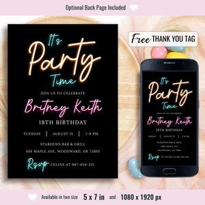 Convite de aniversário com luz neon, convites para festa Glow Black, modelo de festa simples e minimalista, cartão para adolescentes e adultos, download digital