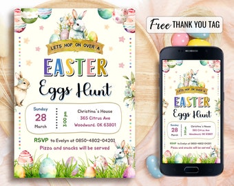 Easter Egg Hunt Invitation, Editable Spring Easter Bunny Invitations, Pastel Colorful Easter Flyer Template, DIY, Printable Instant Download