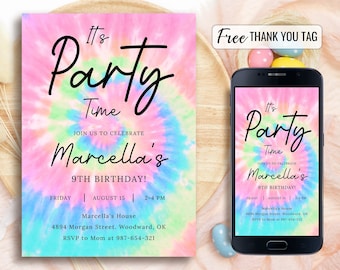 Zaproszenie na urodziny Tie Dye, zaproszenie na urodziny Rainbow Tie Dye, edytowalna impreza Tie Dye, kolorowa karta zaproszeń do wydrukowania, natychmiastowe pobranie