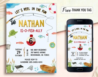 May include: A printable invitation for a 6th birthday party with a fishing theme. The invitation is white with a blue watercolor background and features a fishing rod, a red and white fishing bobber, a bucket, a compass, and a boat. The text on the invitation reads "Let's Reel in the Fun" and "Nathan is-o-fish-ally 6".