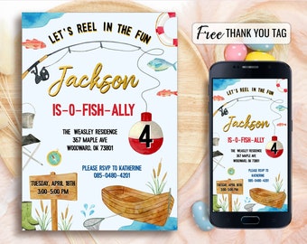 May include: A blue and white fishing-themed birthday invitation for a boy named Jackson. The invitation says "Let's Reel in the Fun" and "Is-O-Fish-Ally" with a red and white fishing bobber. The invitation is for Tuesday, April 18th from 3:00-5:00 PM. The invitation is available in two sizes: 5x7 inches and 1080x1920 pixels.