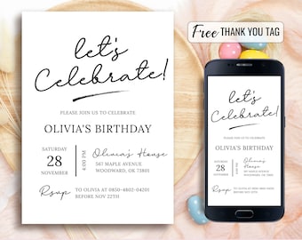 Simple Party Invitation, White Minimalist Birthday Invite, Printable Any Age Birthday Invitation, Editable Template, Digital Download