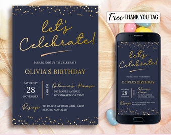 Simple Party Invitation, Black Minimalist Birthday Invite, Adult and Teen Invitation, Gold Invitations, Dinner Digital, Editable