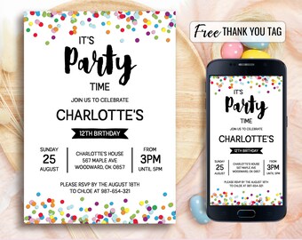 May include: A colorful confetti birthday invitation for a 12th birthday party. The invitation is for Charlotte's party and includes the date, time, location, and RSVP information. The invitation is available in two sizes: 5x7 inches and 1080x1920 pixels.