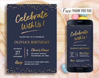 Simple Party Invite, Minimalist Birthday Invitation, Adult and Teen Invitation, Black Gold Invitations, Digital, Editable Template