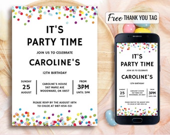 May include: A colorful confetti birthday party invitation for Caroline's 12th birthday. The invitation includes the date, time, location, and RSVP information. It's available in two sizes: 5x7 inches and 1080x1920 pixels.