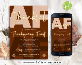 Thankful af invite Template, thanksgiving invitation, fall party, thanksgiving feast, printable invite, Editable, Instant Download