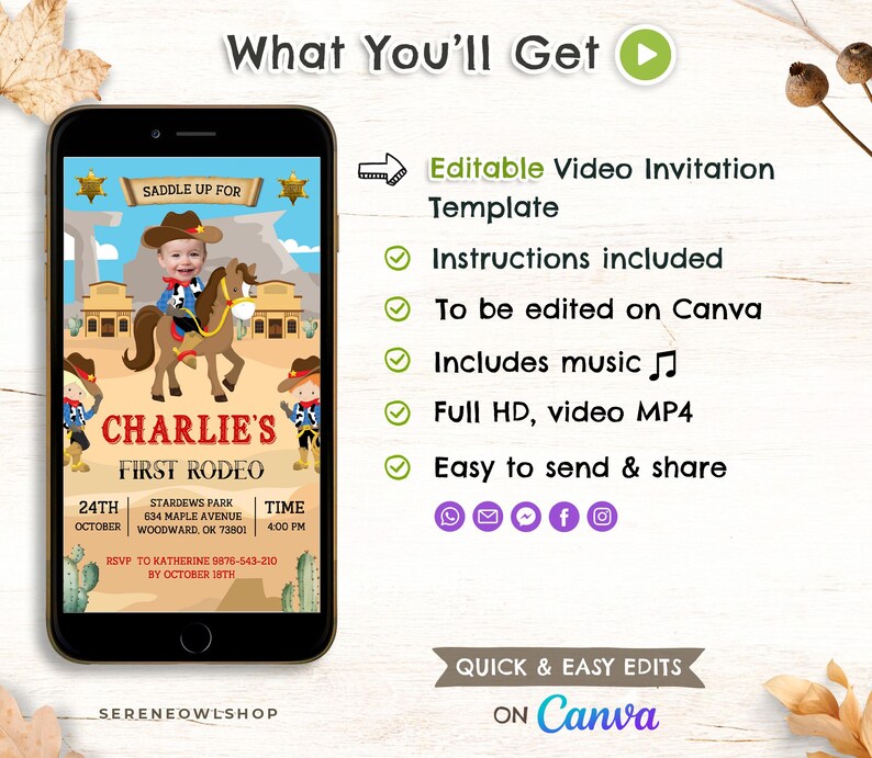 Editable First Rodeo Birthday Video Invitation, Cowboy Birthday Invite ...