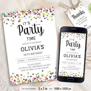 Editable Confetti Birthday Invitation, Colorful invite, Simple Birthday Invitations, Printable Template, Any Age Birthday, Instant Download