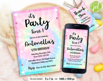 Tie Dye Birthday Invitation Template, Birthday Invite, Rainbow Birthday, Party Invitations, Phone Invitation, Editable, Instant Download