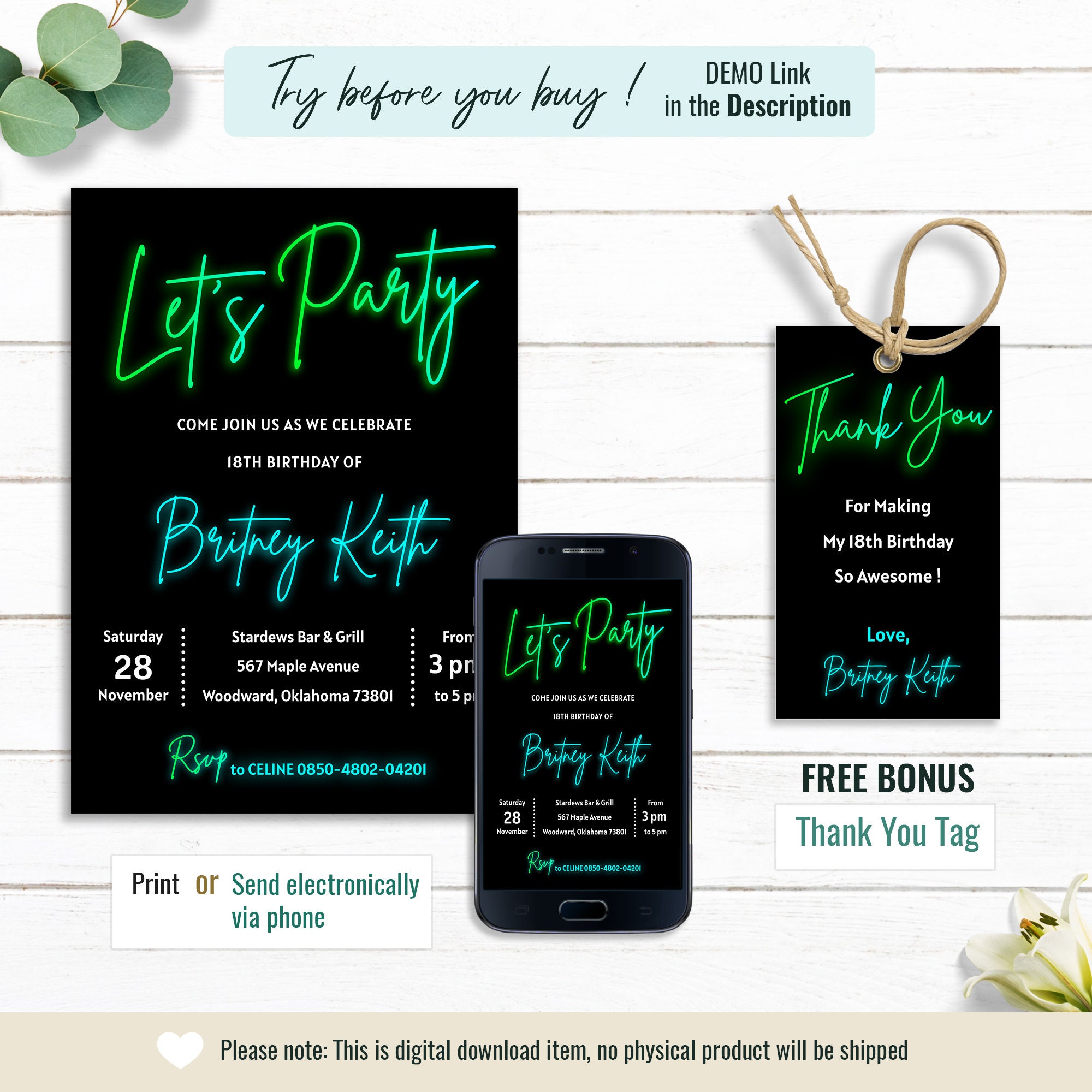 Neon Glowing Birthday Invitation, Neon Light Party Invite, Simple and ...