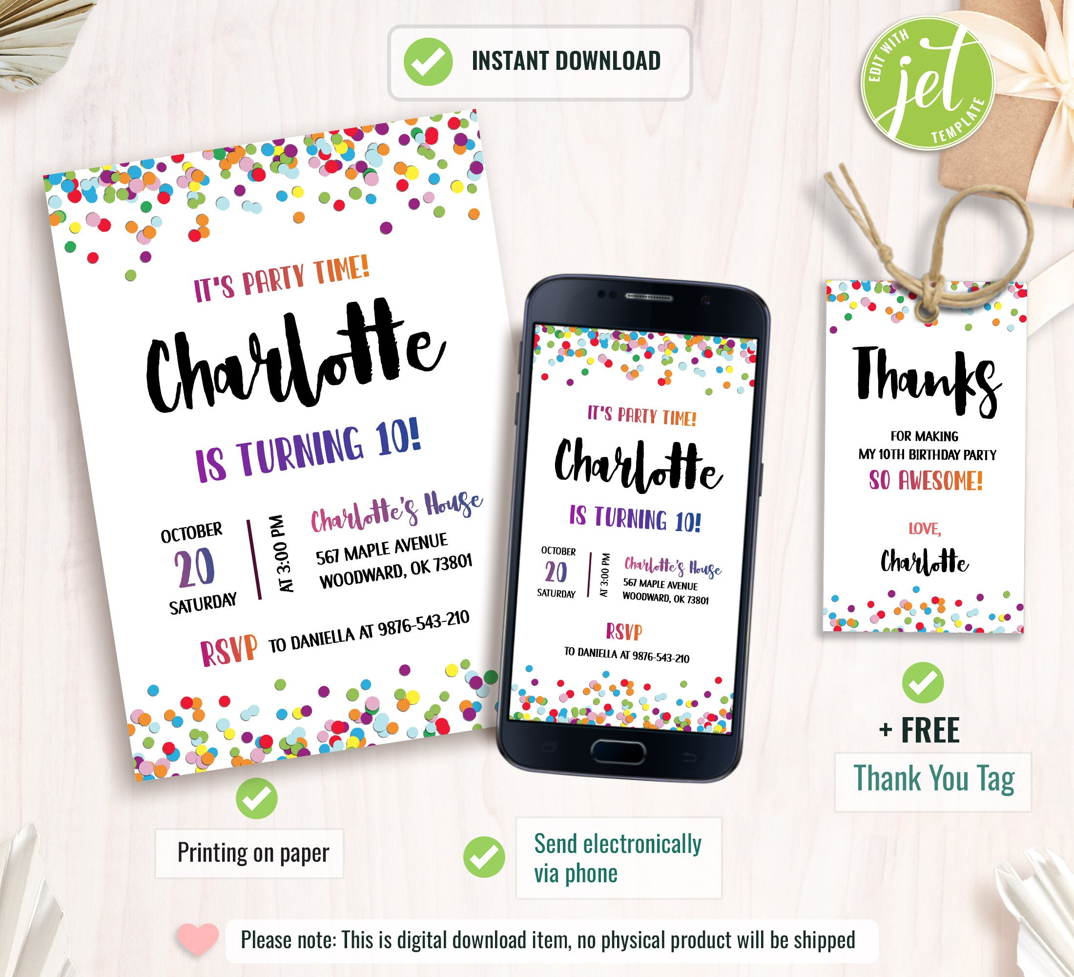 Editable Confetti Birthday Invitation, Colorful Invite, Simple Birthday ...