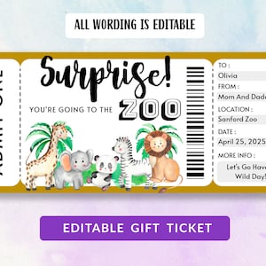 Surprise Zoo Ticket, afdrukbaar Zoo Ticket, Zoo Coupon, Cadeaubon, Zoo Voucher, Bewerkbaar Zoo Ticket, Cadeau voor kinderen, DIY-sjabloon