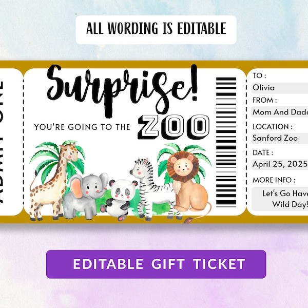 Surprise Zoo Ticket, Printable Zoo Ticket, Zoo Coupon, Gift Ticket, Zoo Voucher, Editable Zoo Ticket, Gift for Kids, DIY Template