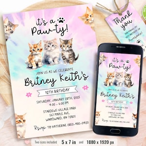 Cat Birthday Invitation, Printable Kitten Invite, Digital invitation, Pet invitations, Editable Kids Template card, Instant Download