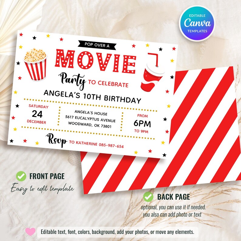 Editable Movie Birthday Invitation Template, Movie Party Invite, Kids ...