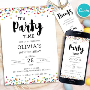 Editable Confetti Birthday Invitation, Colorful invite, Simple Birthday Invitations, Printable Template, Any Age Birthday, Instant Download