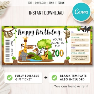 Plantilla de entrada al zoológico, entrada sorpresa al zoológico, cupón de regalo de cumpleaños, entrada de Safari imprimible, plantilla de vale de regalo editable, descarga instantánea