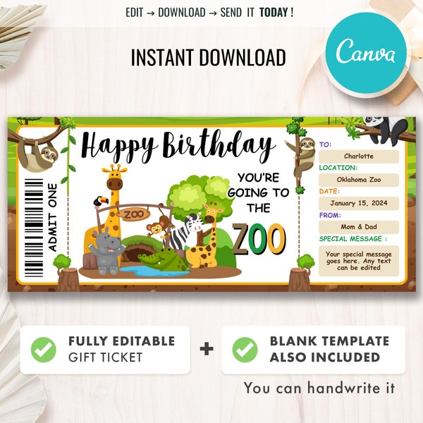 Zoo Ticket Template, Surprise Zoo Ticket, Birthday Gift Coupon, Printable Safari Ticket, Editable Gift Voucher Template, instant Download