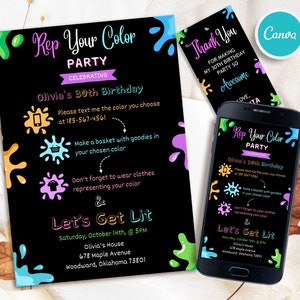 Modèle d'invitation d'anniversaire modifiable, représentant vos invitations en couleur, invitation à une fête à thème couleur, invitation imprimable, tout âge, téléchargement immédiat