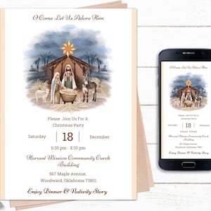 May include: A Christmas party invitation with a watercolor illustration of the nativity scene. The invitation includes the text "O Come Let Us Adore Him", "Please Join Us For A Christmas Party", "Saturday 18 December", "6:30 pm - 8:30 pm", "Harvest Mission Community Church Building", "567 Maple Avenue, Woodward, Oklahoma 73801", and "Enjoy Dinner & Nativity Story".