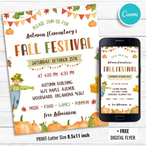 May include: A flyer and a smartphone display an invitation to Autumn Elementary's Fall Festival. The flyer, 8.5x11 inches, features pumpkins, a scarecrow, and text that reads "Please Join Us For Fall Festival" on October 25th. The phone shows a similar design.