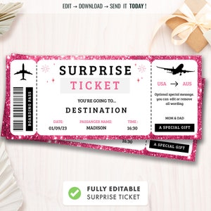 Bilhete de viagem surpresa editável, passe de cupom de embarque surpresa, modelo de ingresso de evento, viagem de avião falsa, presente para impressão, download instantâneo