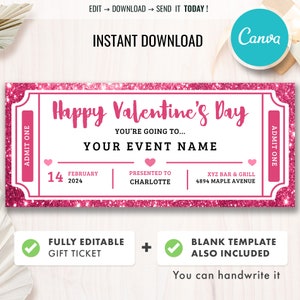 Valentinstagsticket, bearbeitbarer Valentinscoupon, Überraschungsgeschenkticket, Event Ticket Vorlage, Valentinsgutschein, Sofort Download, SKU048