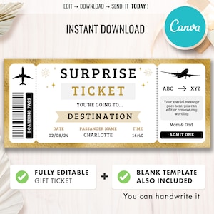 Könnte beinhalten: Editierbare, druckbare Überraschungs-Ticketvorlage mit goldenem Hintergrund und Flugzeugdesign. Das Ticket lautet "Überraschungs-Ticket" und enthält Felder für Datum, Passagiername und Uhrzeit. Der Text "Sie fahren nach... Ziel" ist ebenfalls enthalten. Das Ticket ist vollständig editierbar und eine leere Vorlage ist ebenfalls enthalten.