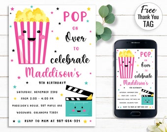 Movie Birthday Invitation, Cinema Birthday Invite, Pop on over Bday Party Card, Smartphone Invitations, Editable Digital, Instant Download
