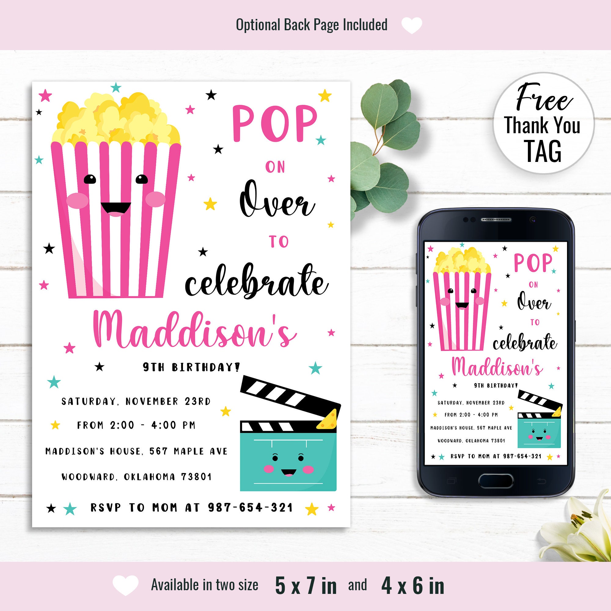 Movie Birthday Invitation, Cinema Birthday Invite, Pop on Over Bday ...