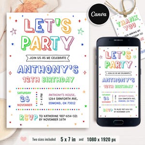 May include: A birthday invitation template featuring the text LET'S PARTY, ANTHONY'S 12TH BIRTHDAY, and event details in colorful, hand-drawn style lettering. The design includes stars and dots, a smartphone displaying the invite, and a thank you tag.