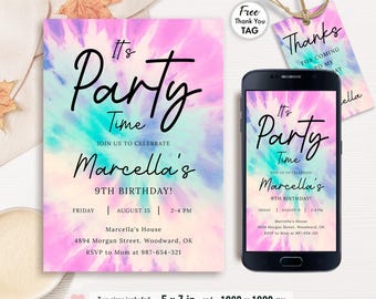 Tie Dye Birthday Invitation Template, Birthday Invite, Rainbow Birthday, Party Invitations, Phone Invitation, Editable, Instant Download