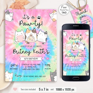 Faire-part d'anniversaire chat, invitation chaton imprimable, invitation numérique, invitations pour animaux de compagnie, modèle de carte modifiable pour enfants, téléchargement immédiat