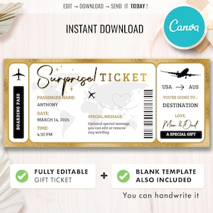 Könnte beinhalten: Ein goldumrandetes Überraschungsticket mit dem Text "Surprise! Ticket". Das Ticket enthält den Namen des Passagiers, Datum, Uhrzeit und einen Bereich für eine spezielle Nachricht. Das Ticket enthält auch den Text "USA to AUS" und "Destination".