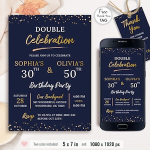 Bewerkbare dubbele verjaardagsuitnodiging, gezamenlijke verjaardagsuitnodiging, uitnodigingen voor feest van elke leeftijd, afdrukbare sjabloon, Instant Download