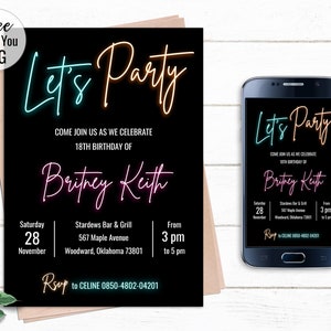 Invitation d’anniversaire Neon Glow, Neon Light Party Iinvite, Modèle simple et minimaliste, Carte imprimable pour adolescents et adultes, Téléchargement instantané