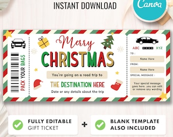 May include: A Christmas-themed gift ticket design with a car graphic, the words "Merry Christmas," and space for personalization. Includes the text "You're going on a road trip to THE DESTINATION HERE." The ticket is fully editable and includes a blank template.