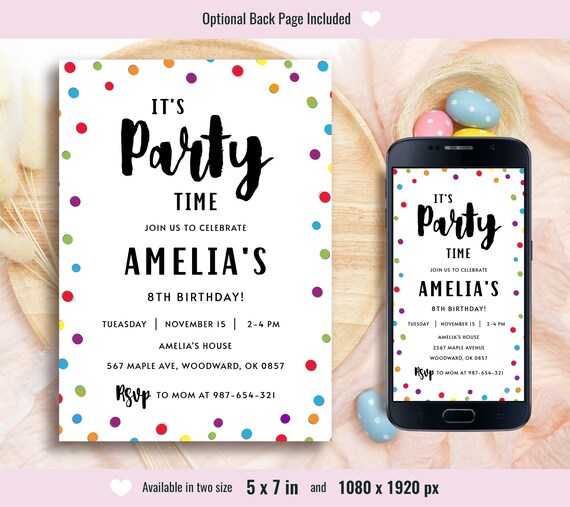 Confetti Party Invite, It's Party Time, Colorful Invitation, Simple White Birthday Invitations, Editable Template, Digital Invites