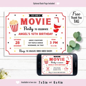 Filmverjaardagsuitnodiging, bioscoopverjaardagsuitnodiging, pop op over feestkaart, bewerkbaar ticket, telefoon sms'en, bewerkbaar digitaal