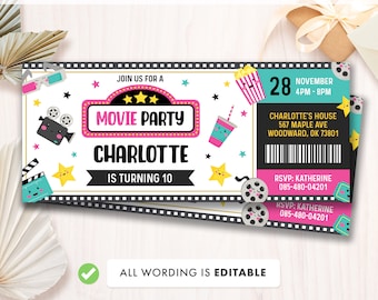 Ticket Movie Birthday Invitation Template, Movie Party invite, Editable Invitations, Any Age Birthday, printable invite, Instant Download