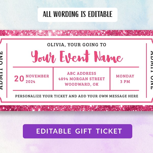 Editable Surprise Event Ticket, Printable Gift Ticket, Surprise Coupon, Rose ticket template, Gift for Kids, Instant Download