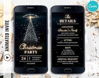 May include: Animated Christmas party invitation displayed on a smartphone. The design features a sparkling Christmas tree, gold text, and event details including date, time, and location. The invitation is set against a dark background.
