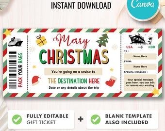 May include: A festive Christmas gift ticket design with a cruise ship illustration. The ticket features the text "Merry Christmas" and "You're going on a cruise to THE DESTINATION HERE". Includes editable fields and a blank template.