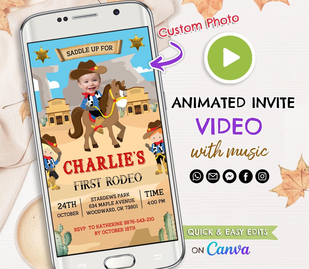 Editable First Rodeo Birthday Video Invitation, Cowboy Birthday Invite ...