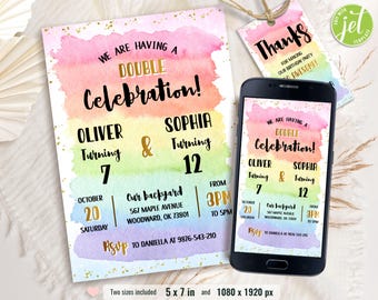 Editable Double Birthday Invitation, Rainbow Colorful Birthday, Sibling Birthday Invitations, Printable Template, Instant Download