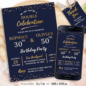 Bewerkbare dubbele verjaardagsuitnodiging, gezamenlijke verjaardagsuitnodiging, uitnodigingen voor feest van elke leeftijd, afdrukbare sjabloon, Instant Download